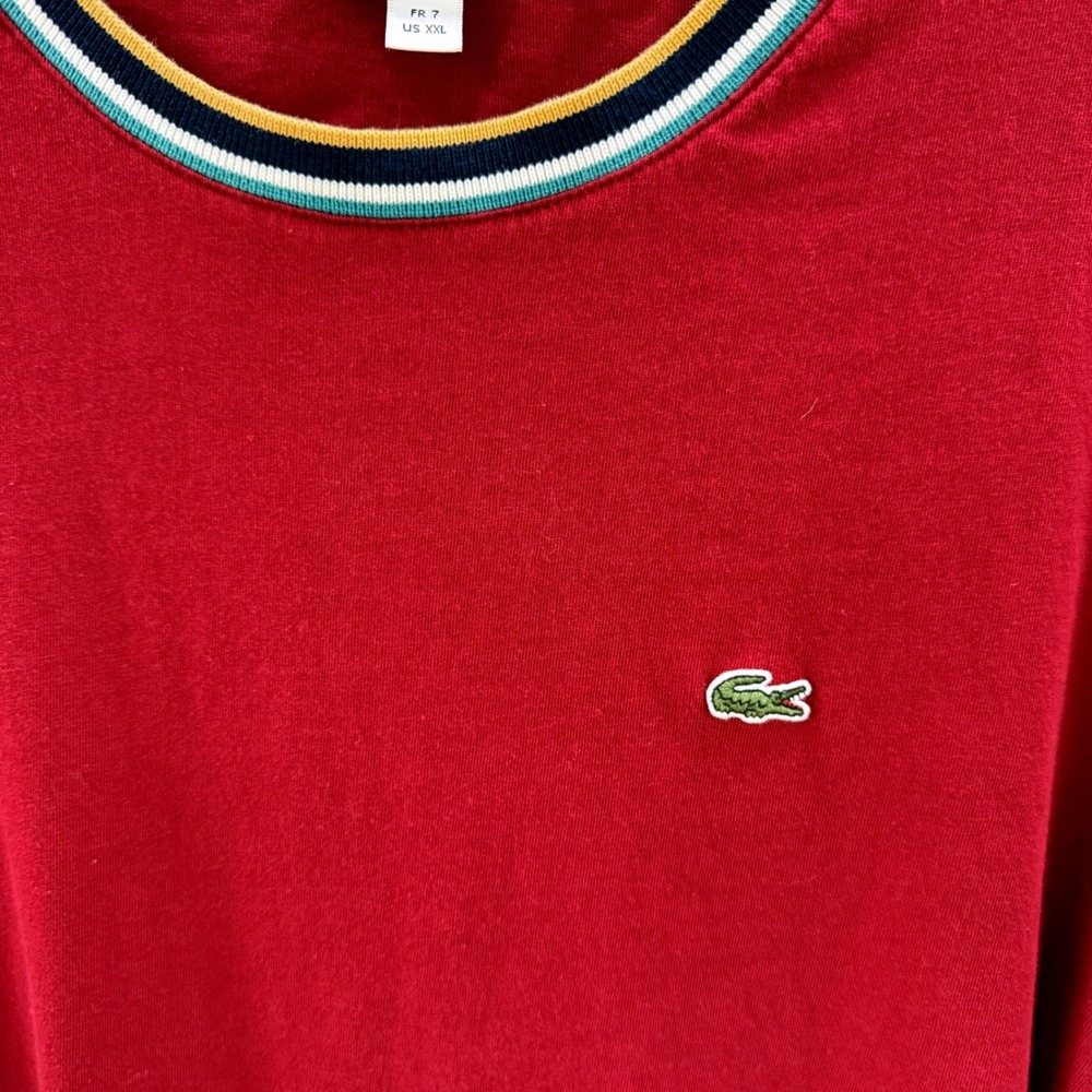 Lacoste Regular Fit XXL Red Knit Tee Striped Collar Crocodile Logo Tennis Preppy - Picture 3 of 8
